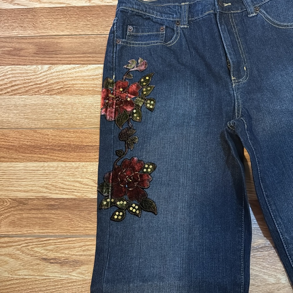 New York & Company Dark Blue Boot Cut Jeans with Red Floral Embroidery - Picture 7 of 10